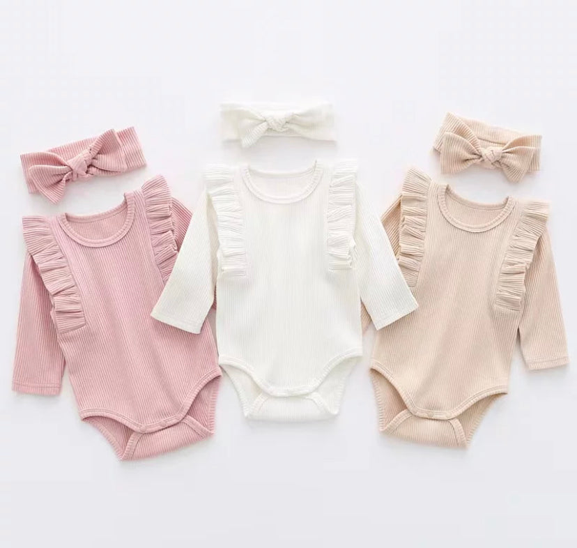 
                  
                    Beige / White / Pink Ribbed Long Sleeve Bodysuit With Matching Bow Headband - Amy - Ruby-Mae Childrenswear
                  
                