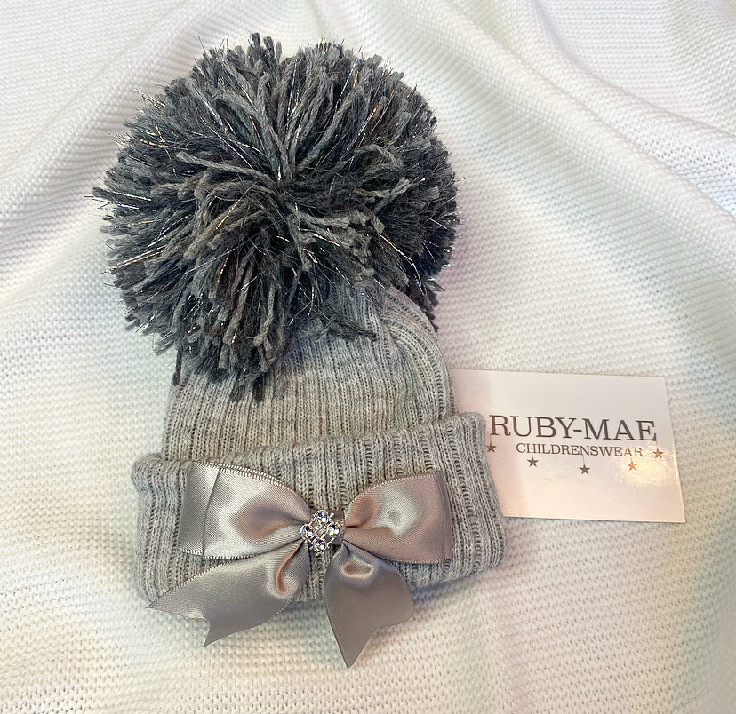 Grey Bow Diamanté Front Pom Pom Hat - Ruby-Mae Childrenswear