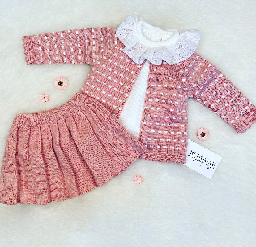 
                  
                    Dusky Pink & White Skirt, Jumper And Cardigan 3 Piece Outfit - Cali - Ruby-Mae Childrenswear
                  
                