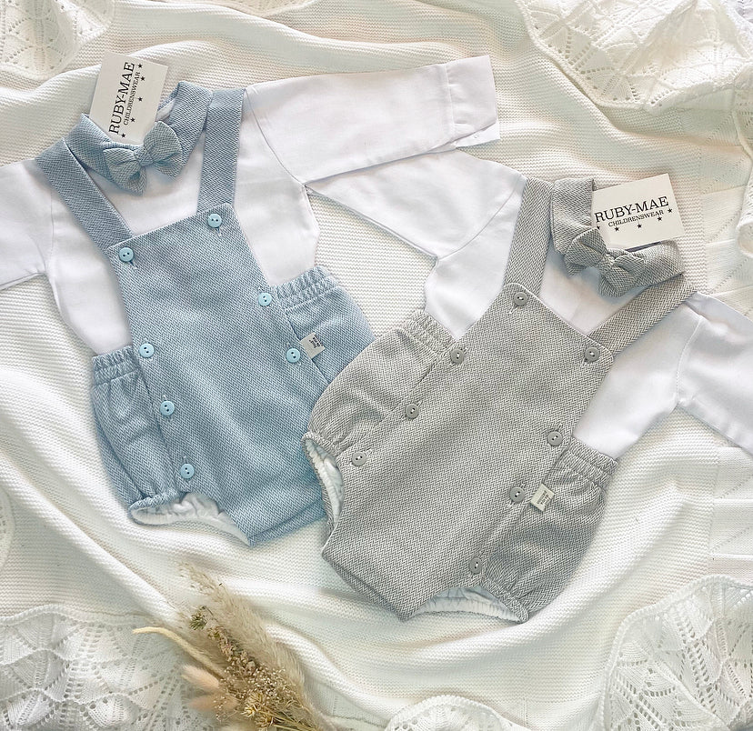
                  
                    PREMIUM White & Blue Shirt & Shorts Dungaree Outfit - Hugo - Ruby-Mae Childrenswear
                  
                