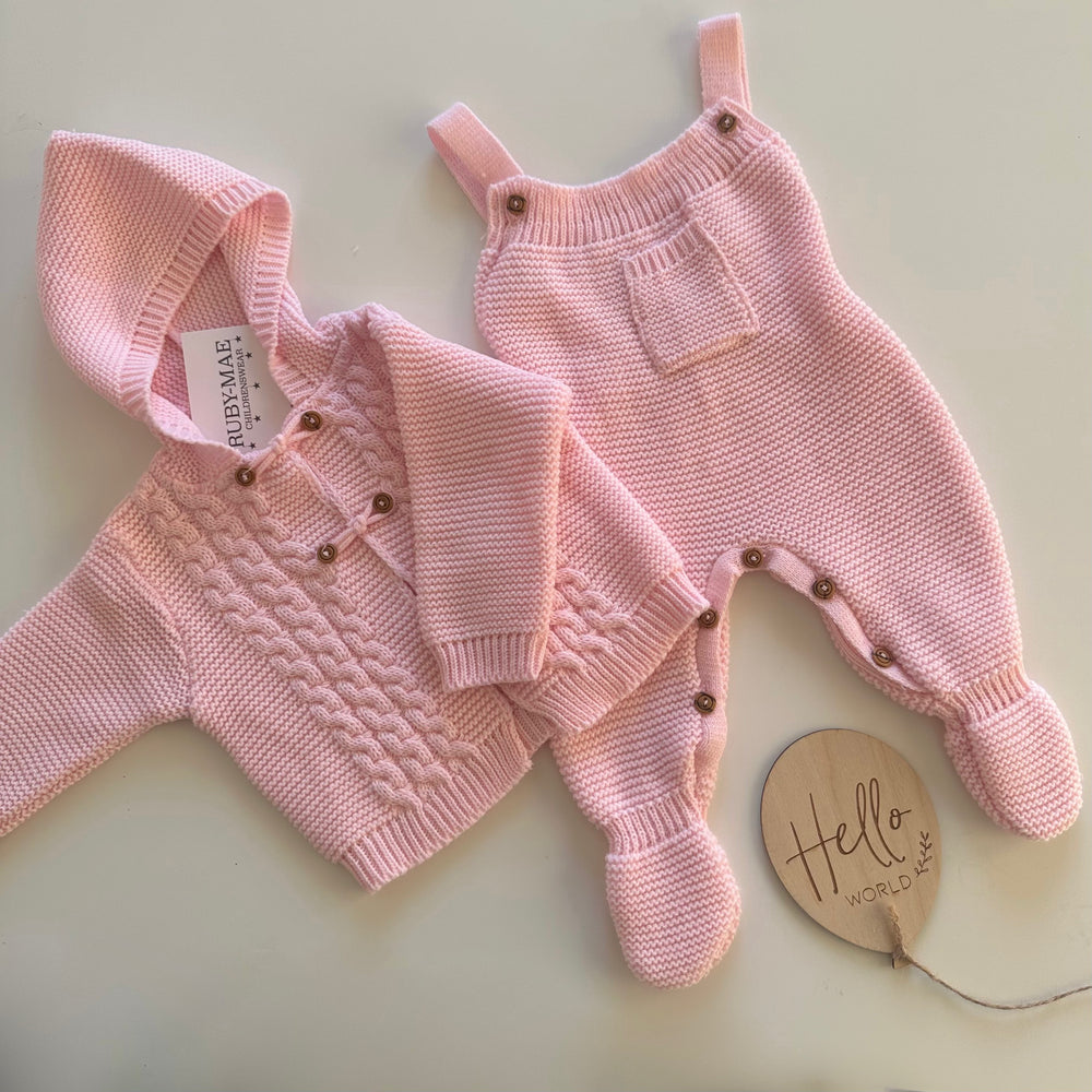 Pink Knitted Long Leg Dungaree With Matching Jacket Outfit Set - Dolly