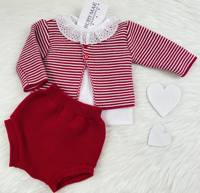 
                  
                    Red & White Stripe Blouse, Knitted Jam Pants & Matching Cardigan Outfit - Tamra - Ruby-Mae Childrenswear
                  
                