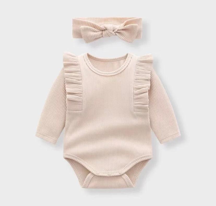 
                  
                    Beige / White / Pink Ribbed Long Sleeve Bodysuit With Matching Bow Headband - Amy - Ruby-Mae Childrenswear
                  
                