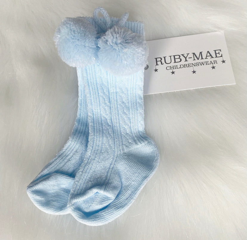 Blue Pom Pom Knee Length Socks - Ruby-Mae Childrenswear