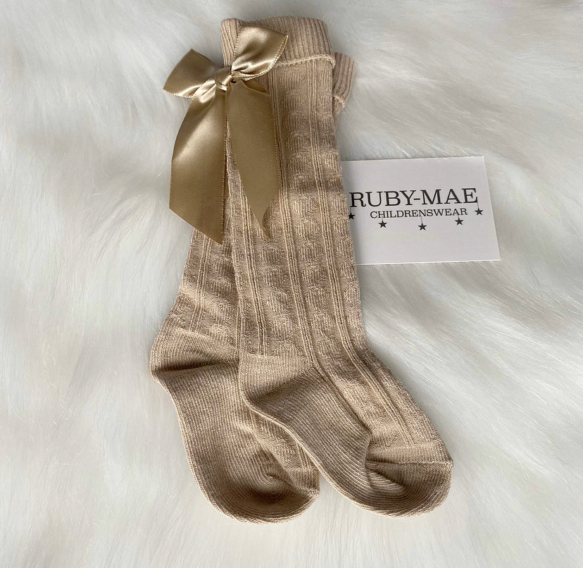 Camel Bow Knee Length Socks - Ruby-Mae Childrenswear