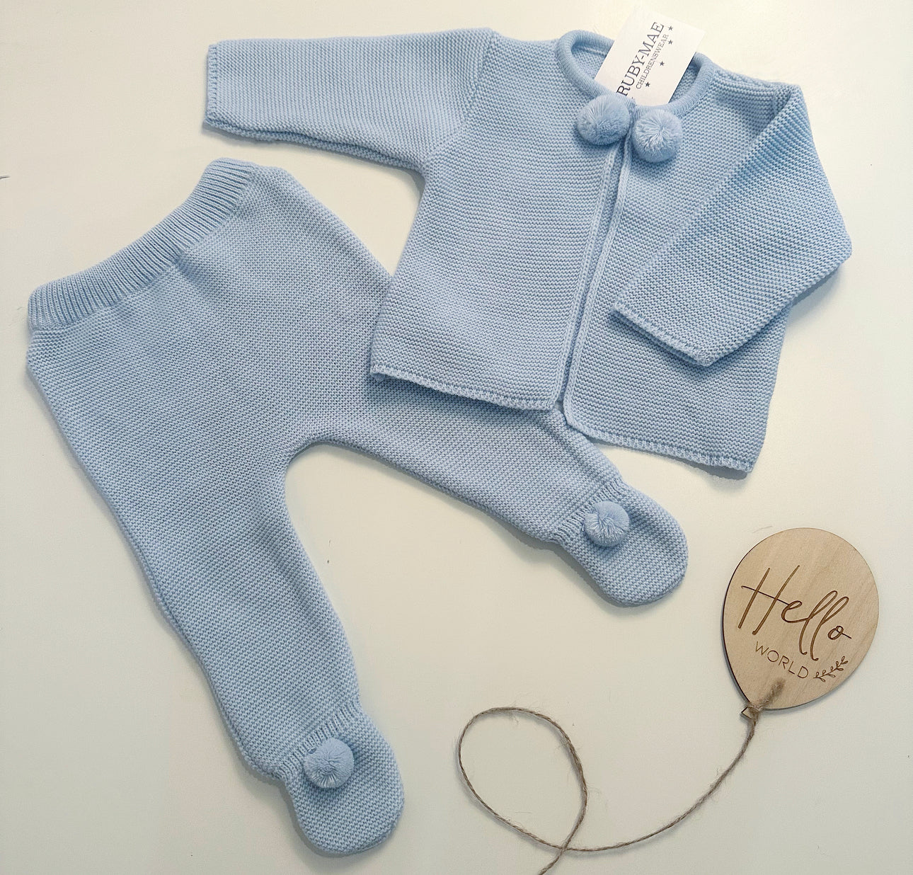 Blue Knitted Pom Pom Jacket & Pants Outfit - Henry