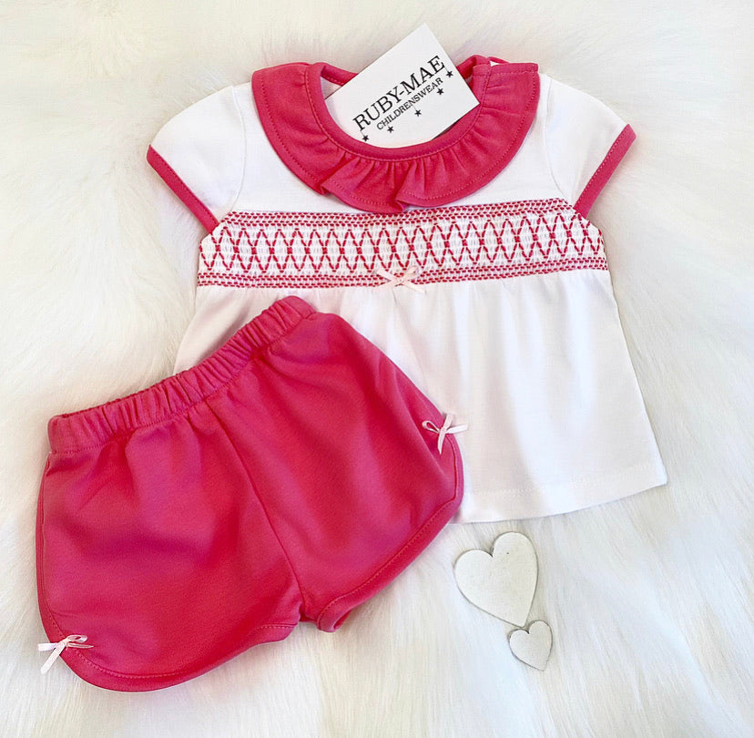 
                  
                    Fuchsia Soft Smock T-Shirt & Matching Shorts Outfit - Bethenny - Ruby-Mae Childrenswear
                  
                