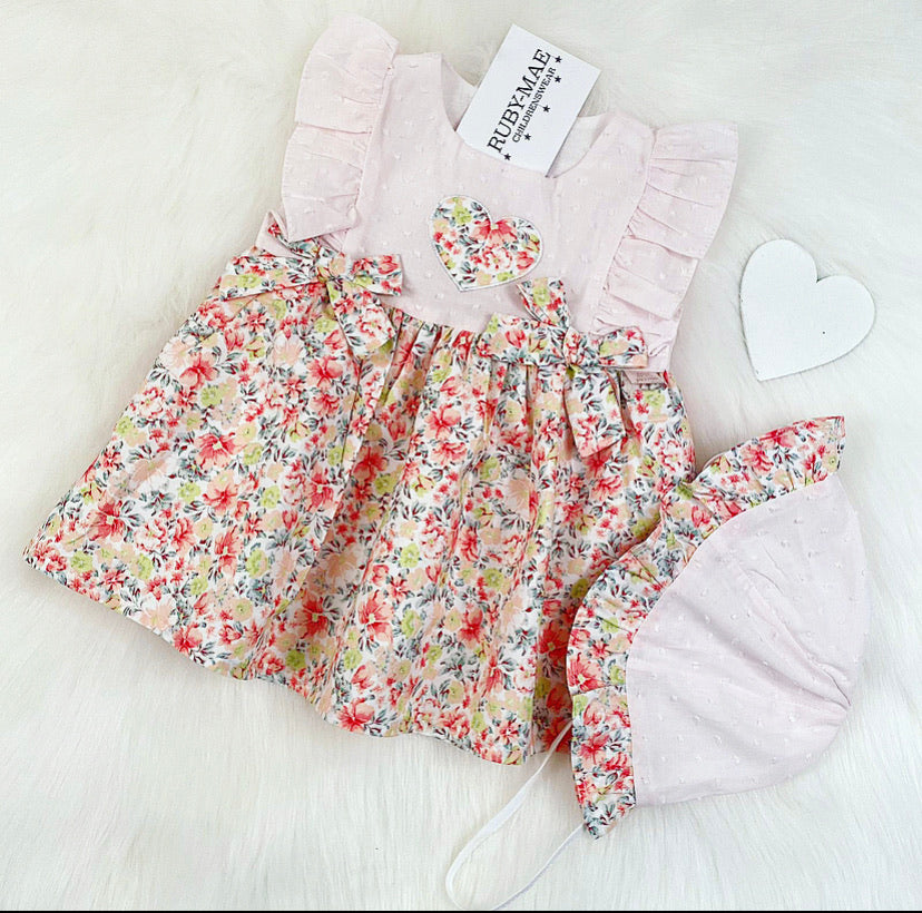 
                  
                    Pink Floral Dress With Matching Bonnet - Fifi - Ruby-Mae Childrenswear
                  
                