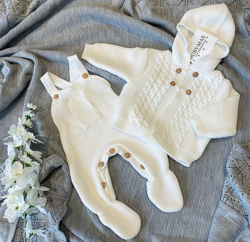 UNISEX White Knitted Long Leg Dungaree With Matching Pom Pom Jacket Outfit Set - Ruby-Mae Childrenswear