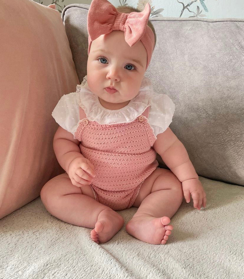 
                  
                    Dusky Pink & White Knitted Top & Dungaree Romper - Paige - Ruby-Mae Childrenswear
                  
                