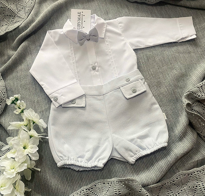 PREMIUM White & Grey Shirt & Shorts Matching Outfit - Teddy - Ruby-Mae Childrenswear