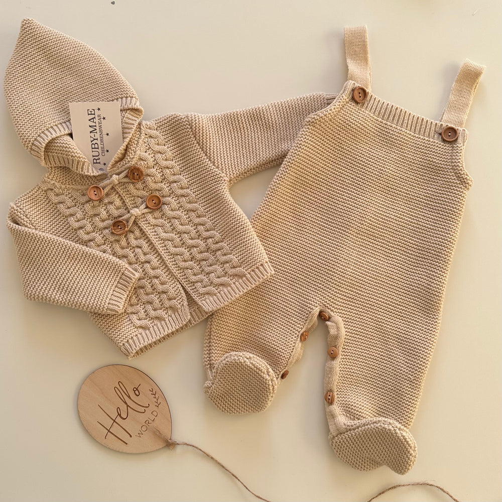 UNISEX Camel Knitted Long Leg Dungaree With Matching Jacket Outfit Set- Sammy