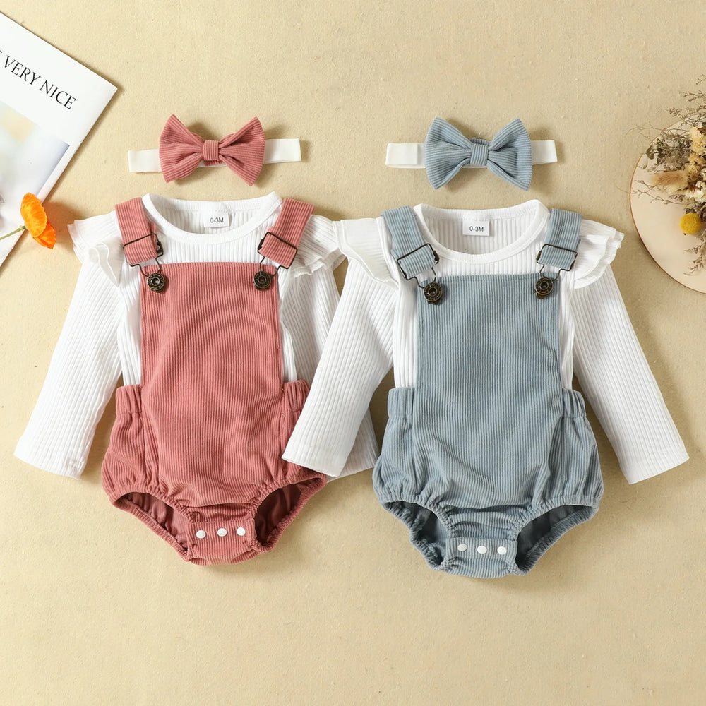 Blue Dungaree Romper With Matching White Frill Jumper & Bow Headband