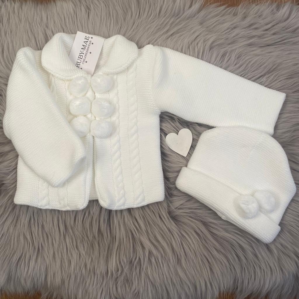 
                  
                    UNISEX White Knitted Pom Pom Cardigan - Ruby-Mae Childrenswear
                  
                