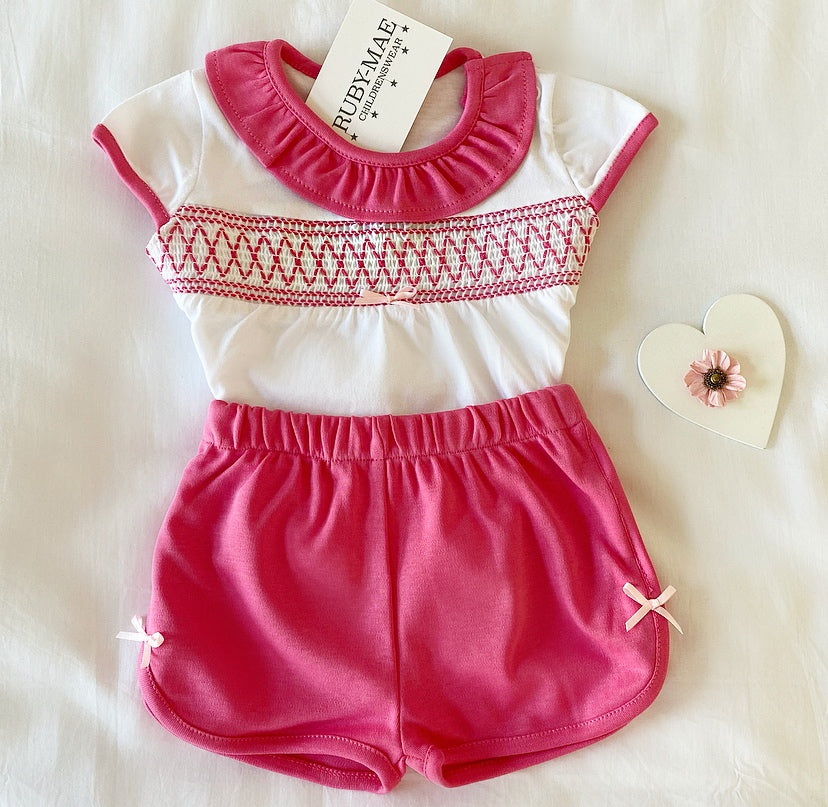 
                  
                    Fuchsia Soft Smock T-Shirt & Matching Shorts Outfit - Bethenny - Ruby-Mae Childrenswear
                  
                