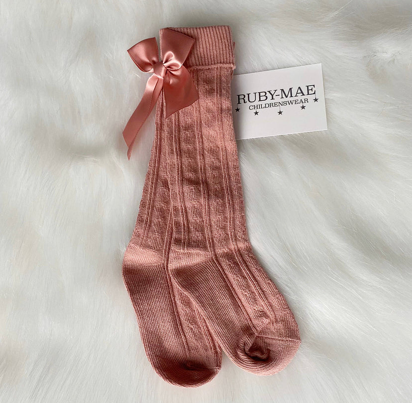 Dusky Pink Bow Knee Length Socks - Ruby-Mae Childrenswear